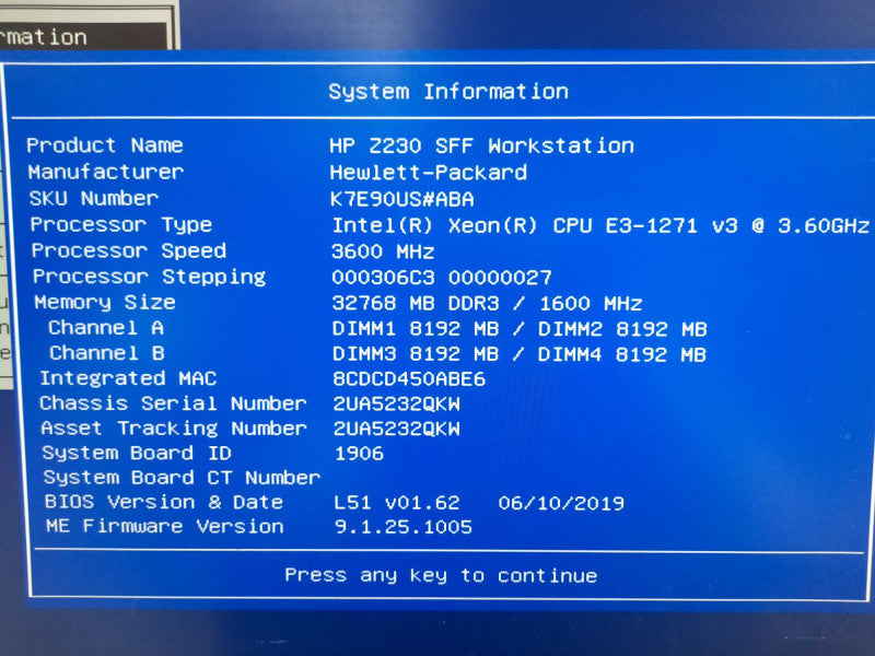 HP Z230 Workstation E3-1271 v3 3.6GHz 32GB DDR3 No HDD