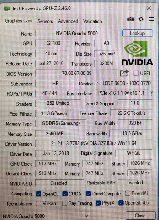 HP Nvidia Quadro 5000 PCIe 2.5 GB GDDR5 Video Graphics Card