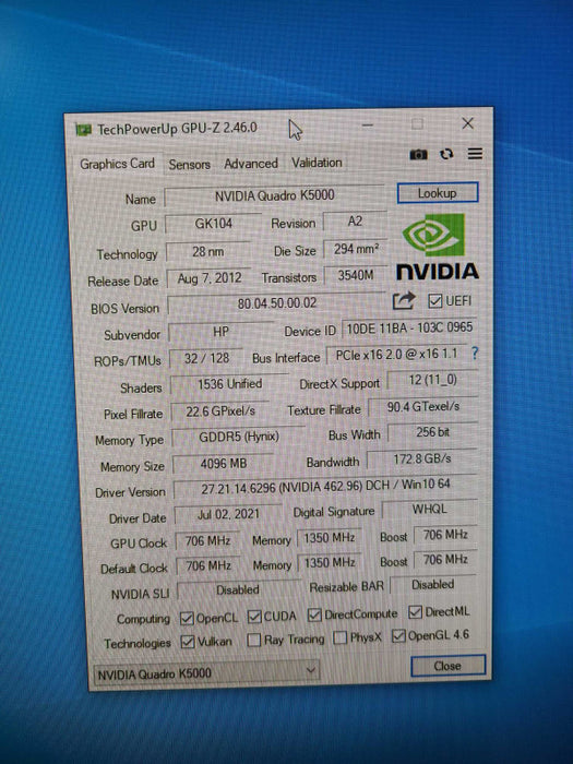 Nvidia Quadro K5000 4GB GDDR5 2x DVI 2x DP
