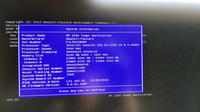 HP Z230 workstation Xeon E3-1245 V3 @ 3.40ghz / 8gb ram / no GFX / no HDDs