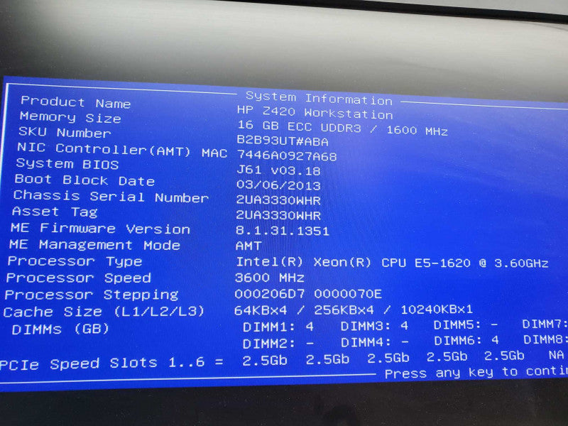 HP Z420 Workstation, Xeon E5-1620 @3.60GHz, 16GB DDR3, No GPU )