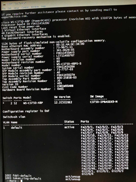 Cisco WS-C3750-48PS-S 3750 48 10/100 Ethernet Ports 4 SFP PoE Catalyst Switch FACTORY RESET, ~