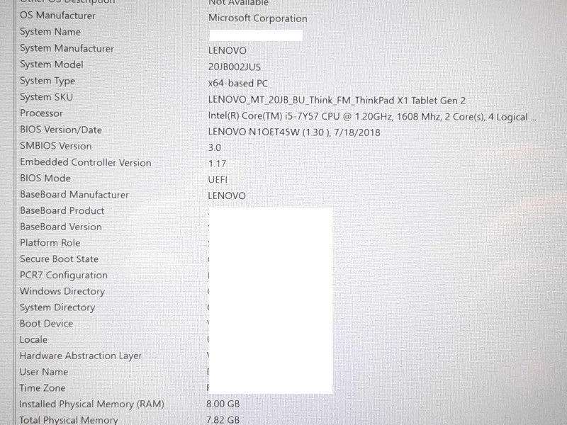 Lenovo ThinkPad X1 tablet Gen 2 i5-7Y57 @ 1.6GHz 8GB RAM 240GB SSD -See Notes +
