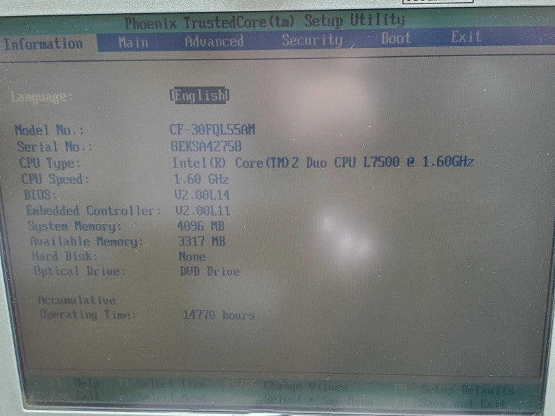 Panasonic ToughBook CF-30, C2D L7500 1.6GHz 4GB RAM No HDD, 14770 hrs |