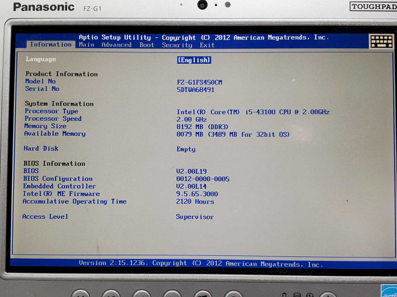 Panasonic FZ-G1 ToughPad i5-4310 2.0GHz 8GB DDR3 No M.2, 2120 Hrs |