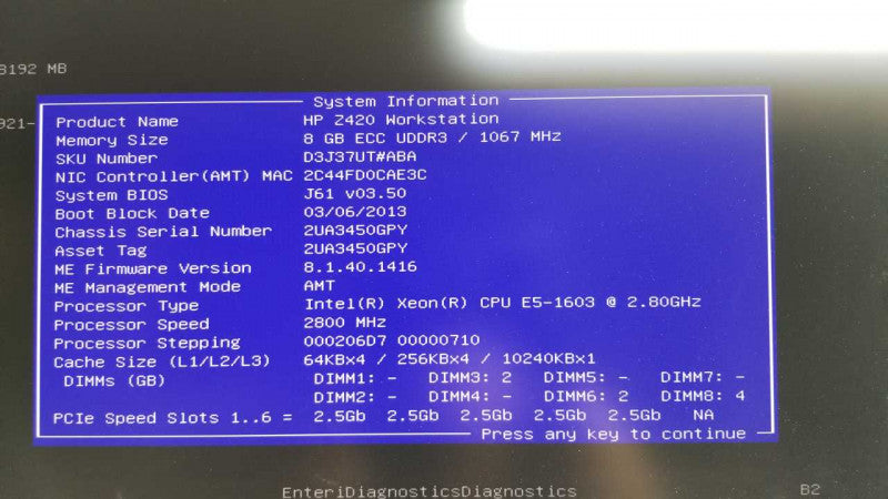 HP Z420 Xeon E5-1603 @ 2.80ghz / 8gb ram / Quadro K600 GPU #