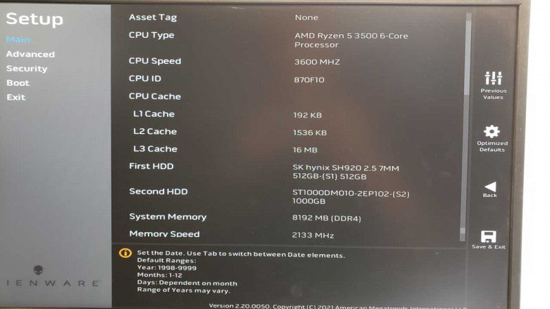 Alienware Aurora Ryzen Edition, AMD Ryzen 5 3500 6C 3.6GHz, 8GB, 512GB SSD + 1TB HDD, No GPU _