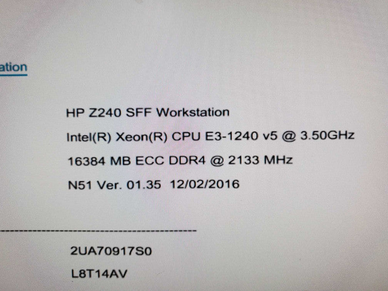 HP Z240 Workstation, E3-1240 v5 3.5GHz 16GB DDR4 No GPU No HDD |