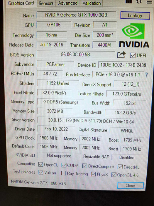 nVidia GeForce GTX1060 3GB GDDR5, TESTED & WORKING. ~