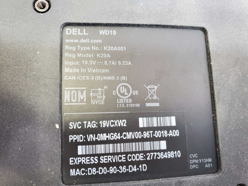 Dell Thunderbolt Cable Docking Station, Model WD19, K20A001, USB-C )