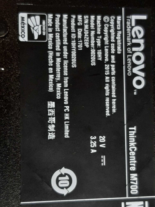 Lenovo Thinkcenter M700 i3-6100T 3.20GHZ DC/16GB,  No HDDs/Caddies/Antenna ~