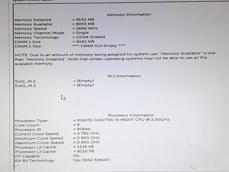 Dell Optiplex 7060 D10U i5-8600T @ 2.3GHz 8GB RAM NO HDD +