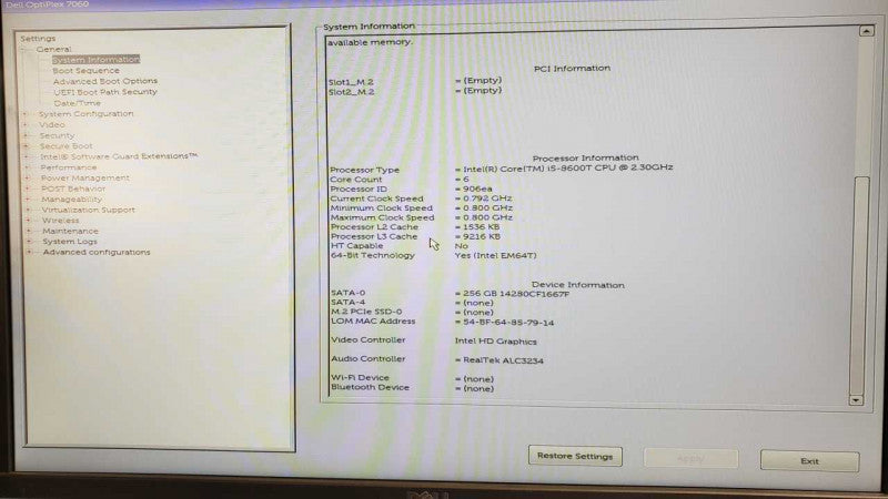 Dell Optiplex 7060 Mini PC, Core I5-8600T 2.3GHz, 8GB DDR4, 256GB SSD, No Power adapter _