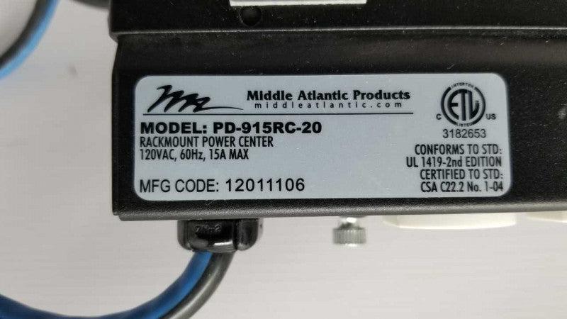 Middle Atlantic Products 9 Outlet Power Strip PD-915RC-20 Rackmount w/ Long Cord #
