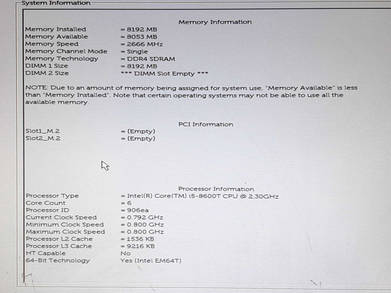Dell Optiplex 7060 Mini PC i5-8600T @ 2.30GHz 8G RAM - NO HDD +