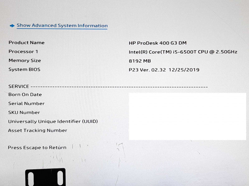 HP Prodesk 400 G3 DM i5-6500T @ 2.5GHz 8GB RAM NO HDD - See Notes +