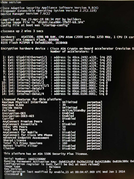 Cisco ASA5506-x - Security Plus License - NO AC adapter, FACTORY RESET ~