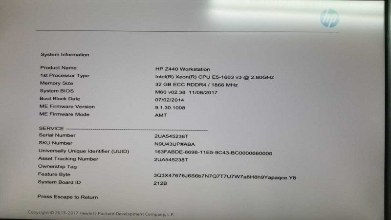 HP Z440 workstation Xeon E5-1603 V3 @ 2.80ghz / 32gb ddr4 / see notes #