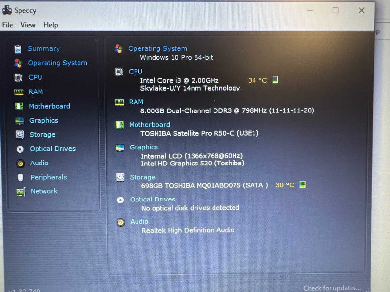 Toshiba Satellite Pro R50-C with i3-6006U CPU 8GB RAM and 750GB HDD Storage -