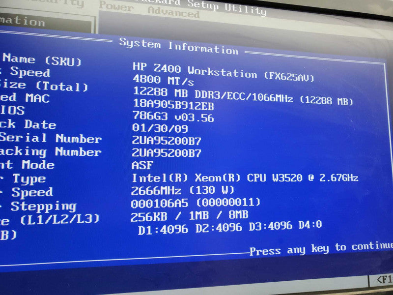 HP Workstation, Z400, Xeon W3520@ 2.67GHz, 12GB DDR3 RAM, Nvidia P383, No HDDs )
