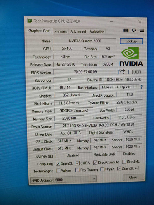 Nvidia Quadro 5000 2.5GB GDDR5 1x DVI 2x Display Port [