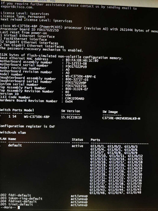 Cisco Catalyst WS-C3750X-48PF-E w/ 1100w PSU, FACTORY RESET ~