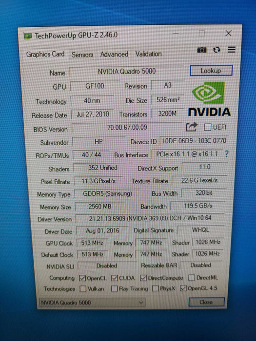 Nvidia Quadro 5000 2.5 GB GDDR5 1x DVI 2x DP  [