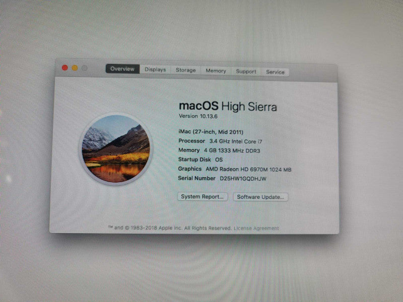 Apple A1312 Mid 2011 27\\" iMac Intel Core i7-2600 @ 3.4Ghz 4GB 1TB No OS [