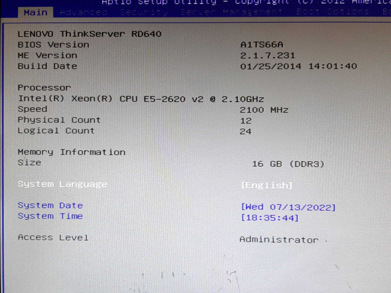 Lenovo ThinkServer RD640 Xeon E5-2620v2@2.1GHz 16GB RAM - No HDD/Caddies/Contr +