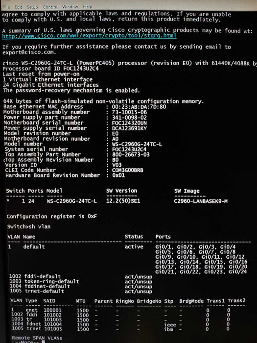 Cisco WS-C2960G-24TC-L 24 Port 2960G Gigabit Switch FACTORY RESET ~