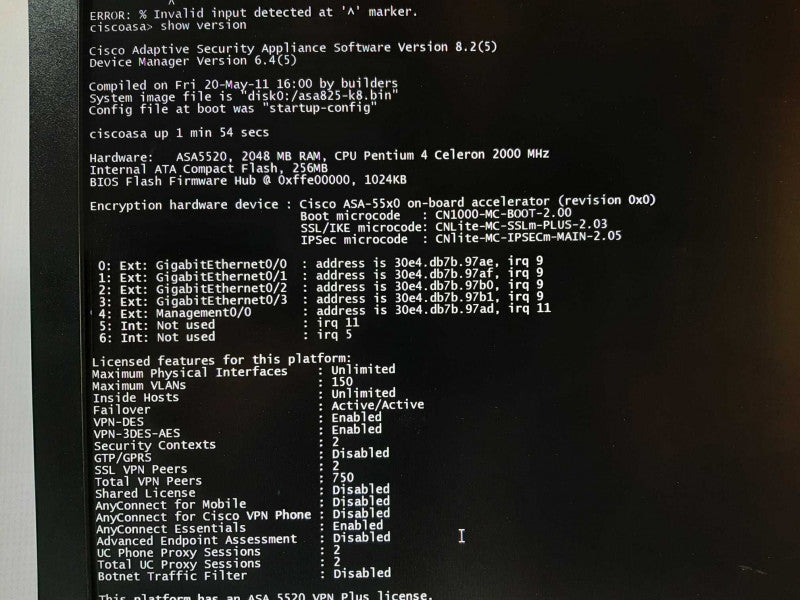 Cisco ASA5520 v08 Adaptative Security Appliance Firewall, FCTY RESET ~