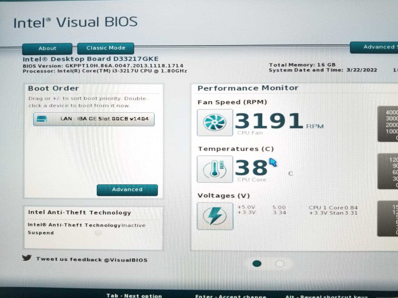 Intel NUC DC3217IYE Intel Core i3-3217U@1.80GHz 16GB RAM - No HDD +