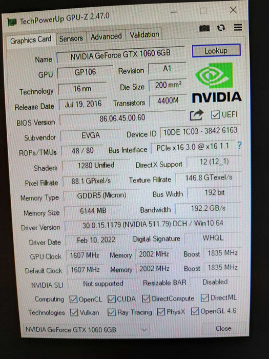 EVGA GeForce GTX 1060 6GB SC, Perfect For itx Motherboards, GPU 100%  TESTED ~