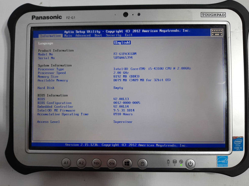 Panasonic ToughPad FZ-G1 Intel Core i5-4310 @ 2Ghz 8GB DDR3 - NO SSD +
