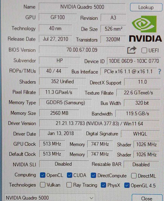 Nvidia Quadro 5000 2.5GB GDDR5 Pcie Video Graphics Card $