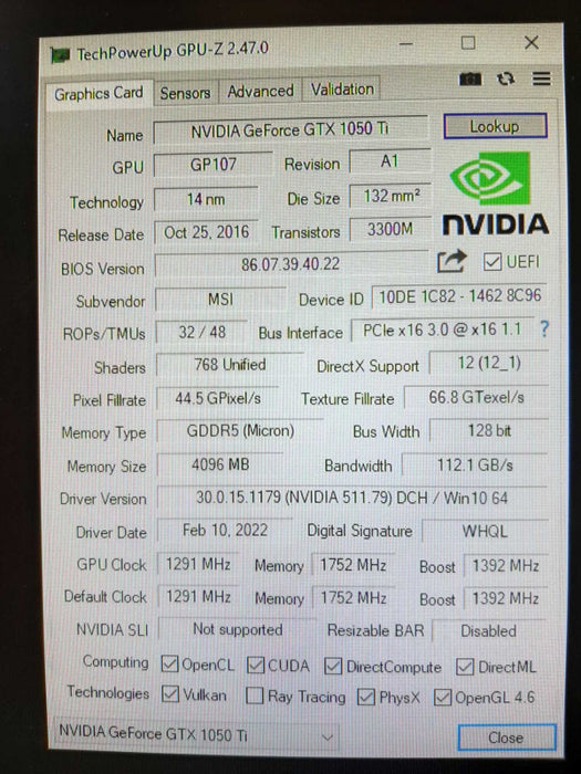 MSI Gaming GeForce GTX 1050 Ti 4GB GDRR5 Low Profile SFF, 100% TESTED ~