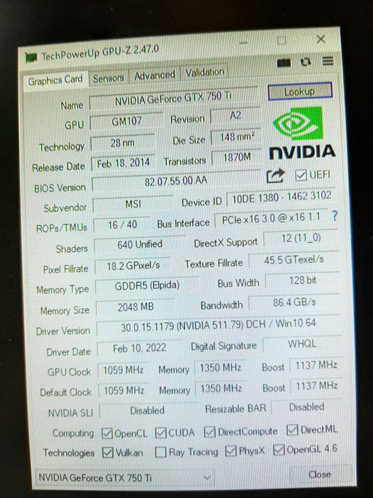 MSI NVIDIA GeForce GTX 750 TI Twin Frozr Gaming 2GB GDDR5 GPU, 100% TESTED ~