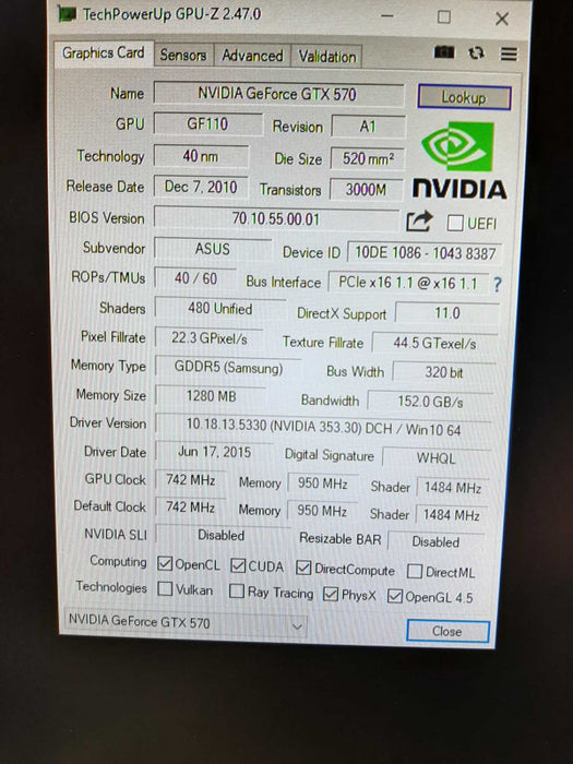 NVIDIA ASUS GTX 570 Graphics Card 1.2GB GDDR5, 100% TESTED ~