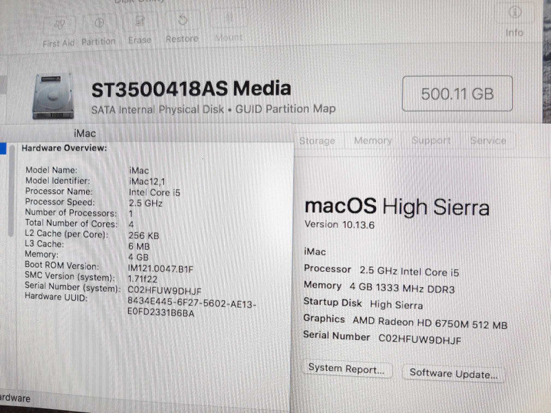 iMac 21.5\\" - M.2011 A1311 i5-2400S 2.5GHZ/4GB, Radeon HD6750M, 500GB HDD ~