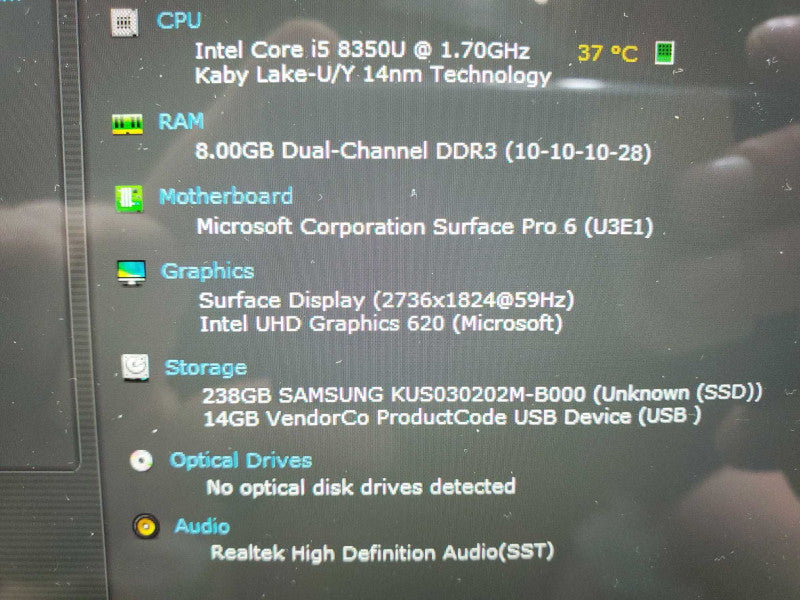 Microsoft Surface Pro 6 1796 i5-8350U 1.7GHz, 8GB RAM, 256GB Storage |