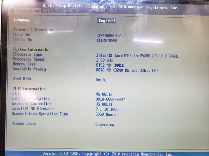 Panasonic Toughbook CF-19 MK5 i5-2520M 8GB No HDD Touch Rugged Laptop WIFI [