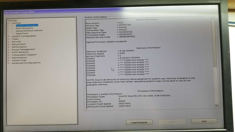 Dell precision Tower 5810 xeon E5-1650 V3 @ 3.50ghz / 8gb DDR4 / quadro K2000D #