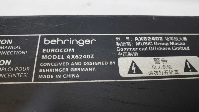 Behringer AX6240Z 900W 70/100V Dual-Channel Power Amplifier, Powers on AS-IS ~