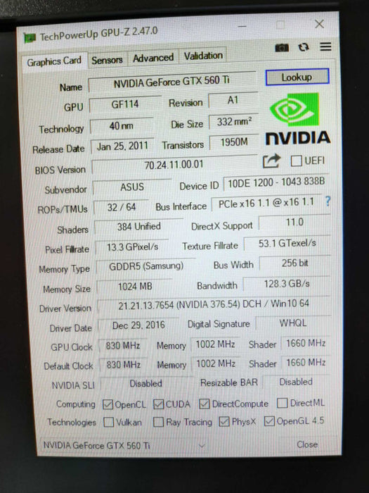 ASUS GeForce GTX 560 Ti 1GB 1X Mini HDMI 2x DVI Graphics Card 100% TESTED ~