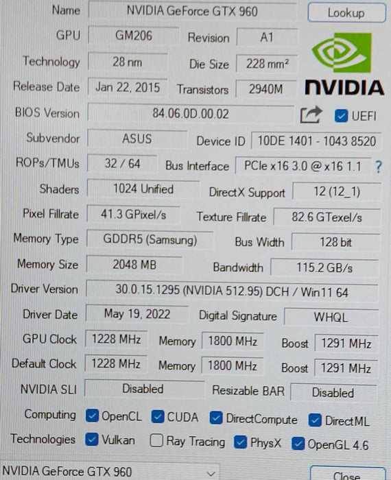 Asus Strix Nvidia Geforce GTX 960 2GB OC GDDR5 RAM PCI-e Video Graphics Card $