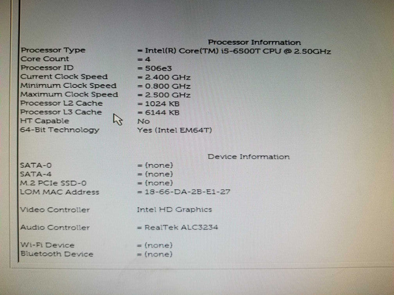 Dell OptiPlex 7040 D10U, i5-6500T@2.5GHz , 0GB No RAM, No HDDs #
