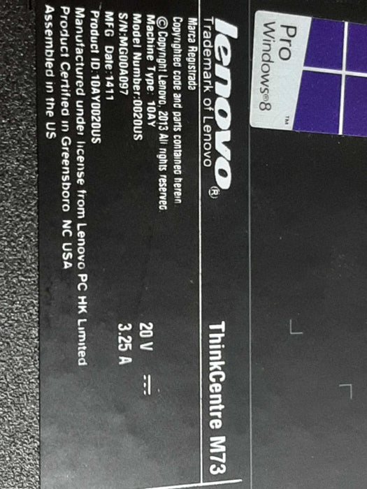 Lenovo ThinkCentre M73 Mini, Core I5-4570T 2.9GHz DC/8GB, No HDDs/Antenna ~