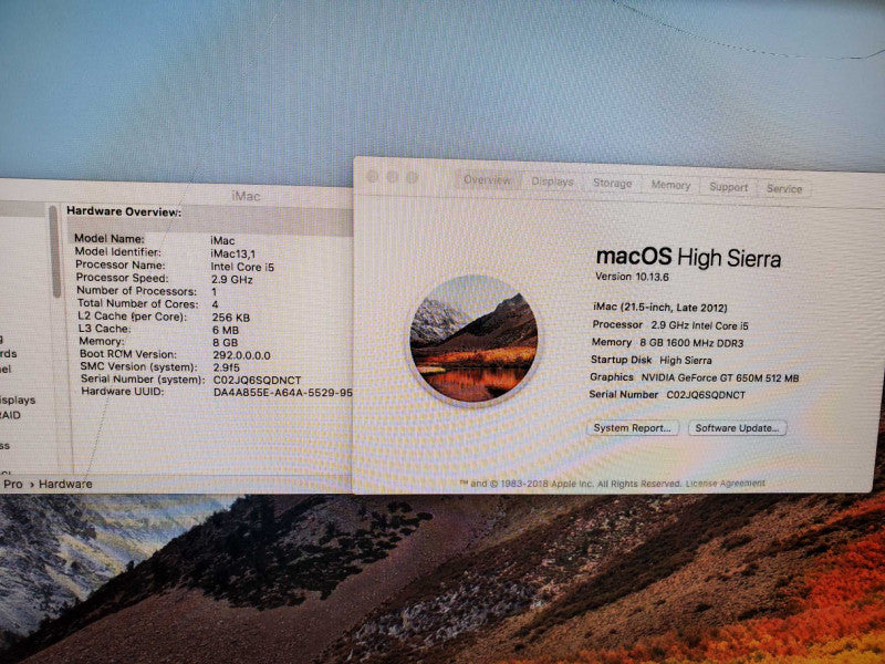 Apple iMac A1418 21.5\\" Intel Core i5-3470S @ 2.9GHz 8GB 1TB HDD GT 650M 512MB )