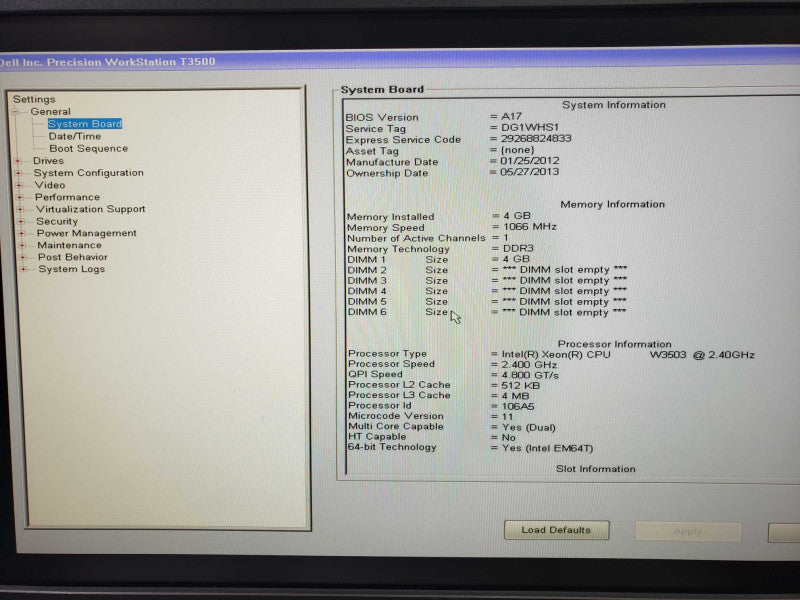 DELL Precision Workstation T3500 Xeon W3503 2.4GHz 4GB DDR3 Nvidia NVS 295 [