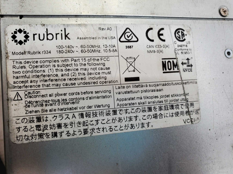 Rubrik R334 CSE-827 X10DRT-H 4 Node, Xeon E5-2630 v3 @2.4GHz 64GB DDR4 2xPSU )